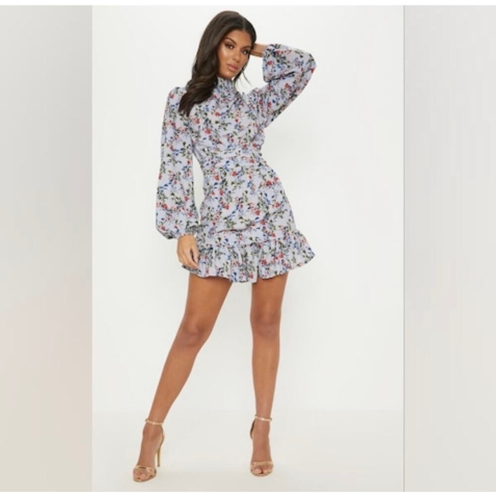 PrettyLittleThing Dress Women 8 Dusty Blue Floral Frill Feminine Cottage Prairie